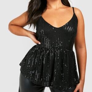 Boohoo Plus Black Sequin Peplum Camisole US 16 UK 20